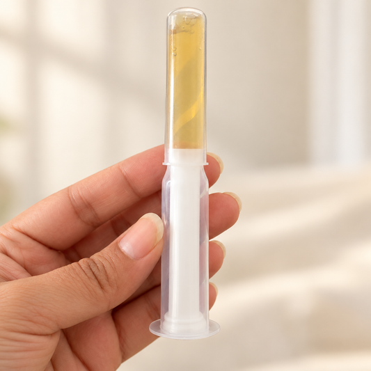 Gros plan d’un applicateur Virgin Secret tenu en main, avec gel ambré et poussoir blanc.