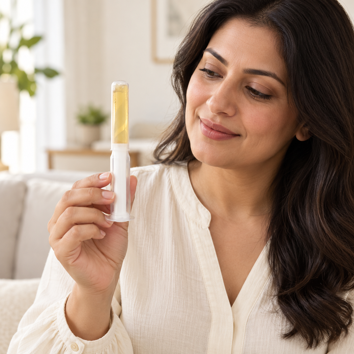 Mise en scène d’une femme adulte tenant un applicateur Virgin Secret au gel ambré.