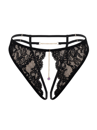 String noir en dentelle ouvert, chaîne dorée et bijou – vue d’ensemble Secrets de Geishaa
