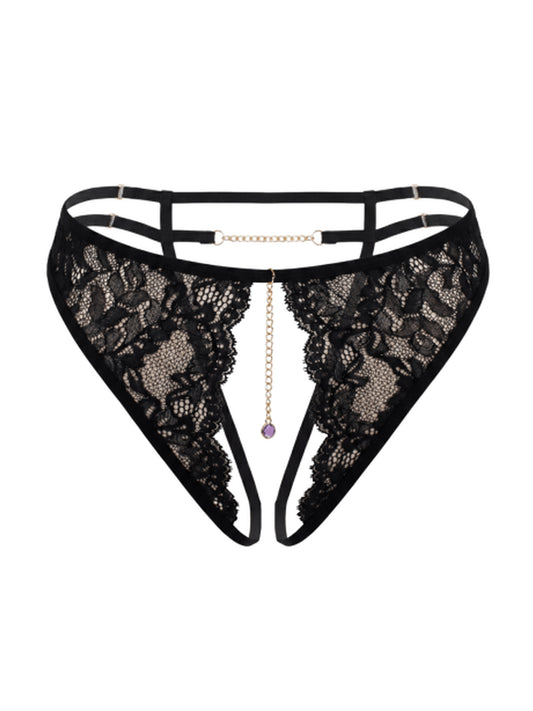 String noir en dentelle ouvert, chaîne dorée et bijou – vue d’ensemble Secrets de Geishaa