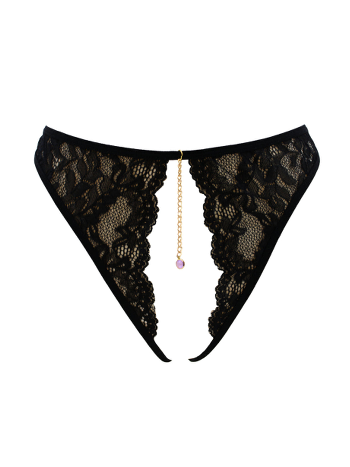 String noir en dentelle ouvert, chaîne dorée et bijou – vue de face Secrets de Geishaa