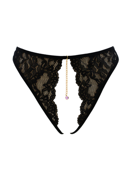 String noir en dentelle ouvert, chaîne dorée et bijou – vue de face Secrets de Geishaa