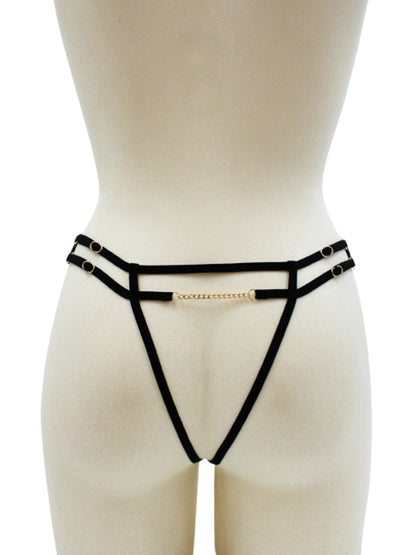 String noir en dentelle ouvert, chaîne dorée et bijou – dos sur mannequin Secrets de Geishaa