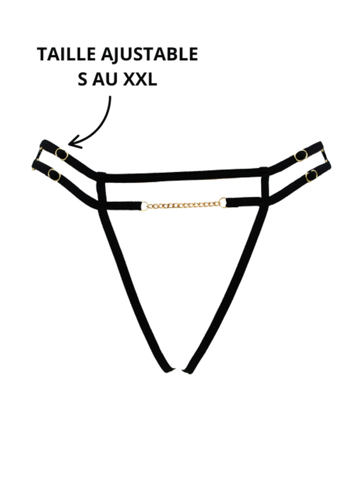 String noir en dentelle ouvert, chaîne dorée et bijou – dos, taille réglable S au XXL Secrets de Geishaa