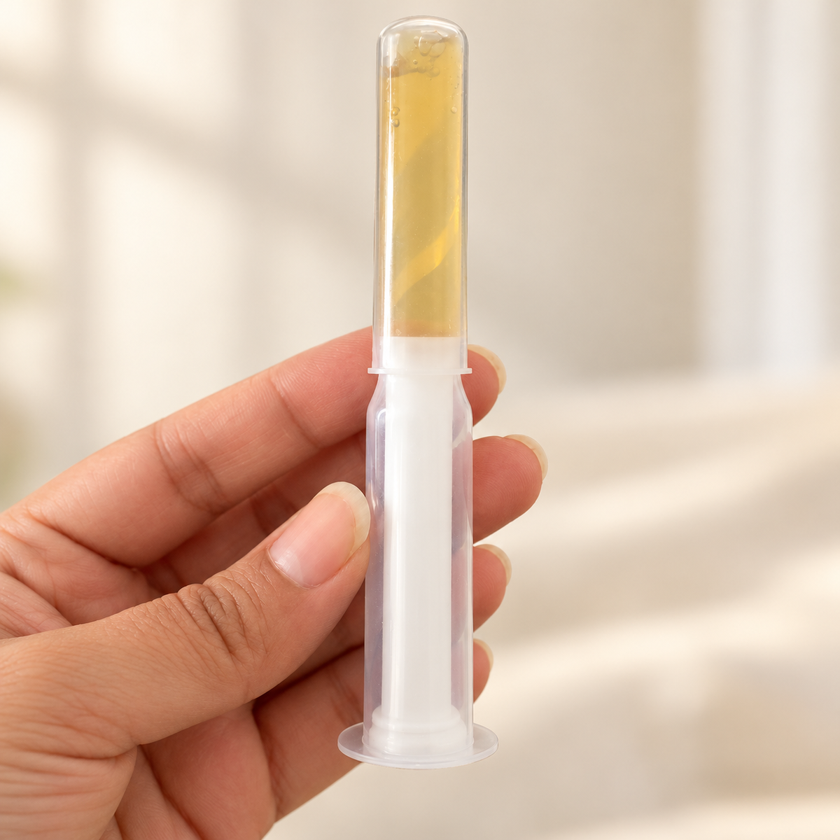 Gros plan d’un applicateur Virgin Secret tenu en main, avec gel ambré et poussoir blanc.